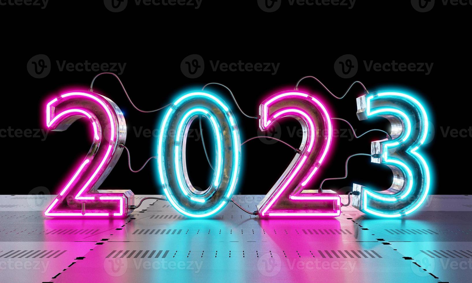 2023 neonbelysning på metallisk golvbakgrund. teknik och abstrakt tapet koncept. gott nytt år tema. 3d illustration rendering foto