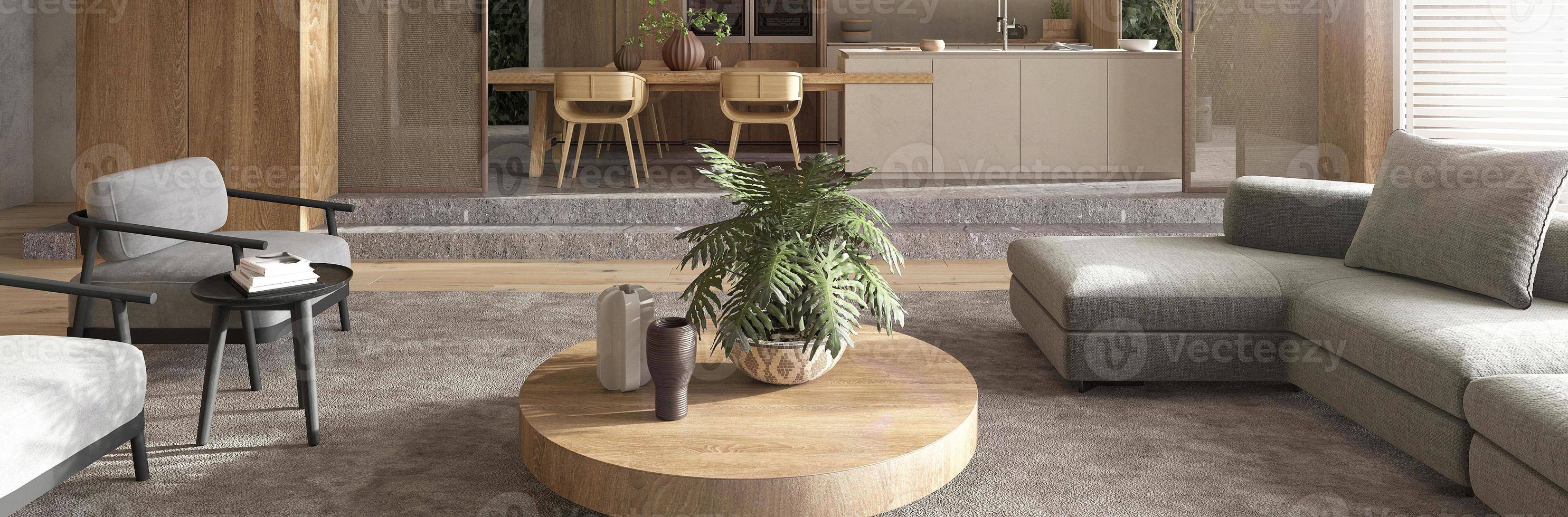 minimalism modern inredning skandinavisk design. ljust studioliv, kök och matsal. panoramafönster, stor modulsoffa och gröna växter. 3d-rendering. 3d illustration. foto