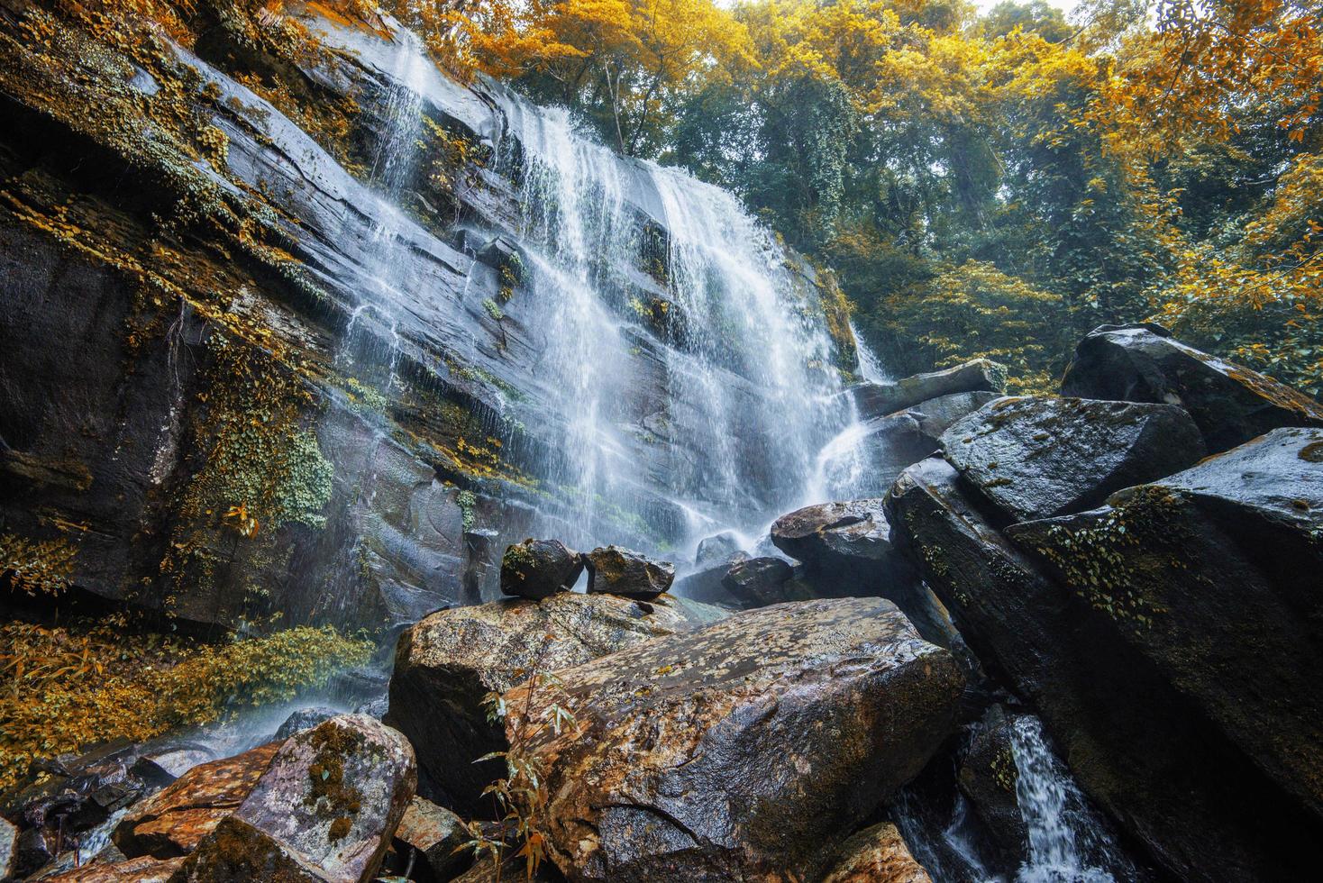 höst vattenfall landskap skog berg och bambu träd vilda tropiska vattenfall thailand foto