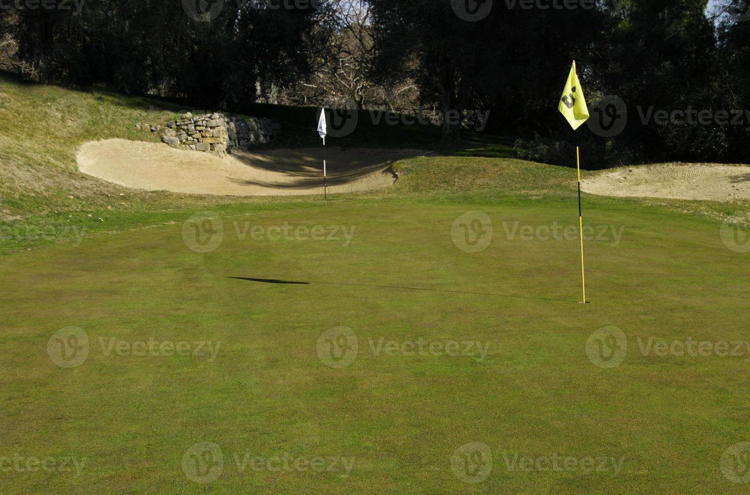 golfbana med flaggpinne på en solig dag foto