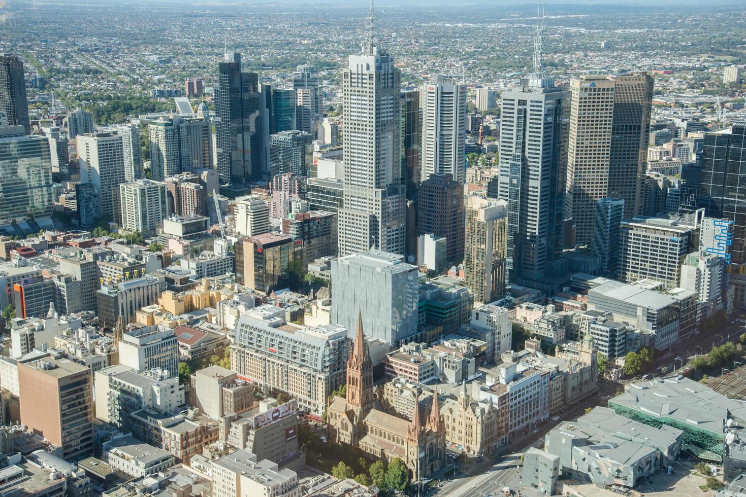 melbourne, australien - februari 20 2016 - skyline av melbourne cbd ovanför utsikten från eureka bygga den högsta byggnaden i australien. foto