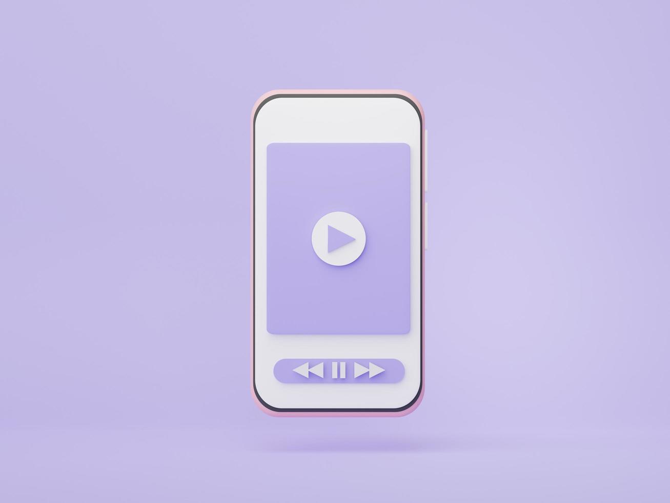 3D-rendering minimal smartphone med ljudspelarens knappfält på pastellbakgrund. mediamusikikon för kontroll. video musik koncept. webbsida för mock up och banner. foto
