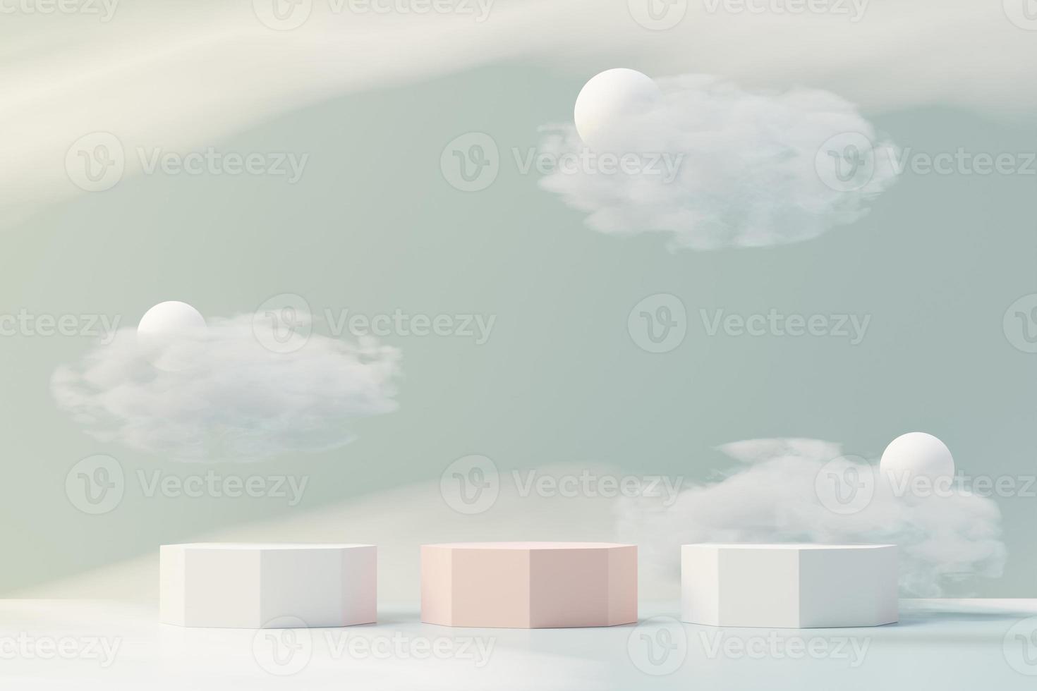 3D-skönhet premium piedestal produktdisplay med drömmande land och fluffigt moln. minimal blå himmel och moln scen för nuvarande produktreklam och skönhetskosmetik. romantik land av drömmar koncept. foto