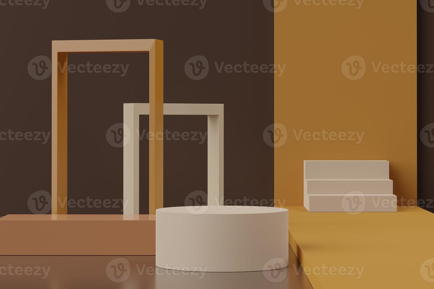 3D-rendering av minimal scen av vit tomt podium med jordfärger färgtema. displayställ för produktpresentation mock up och kosmetisk reklam. foto