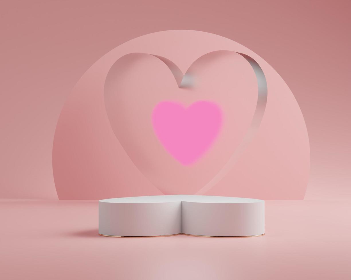 3D-rendering av minimal scen av tomt podium med alla hjärtans dag-tema. displayställ för produktpresentation mock up. cylindersteg i söt härlig rosa färg med enkel design. foto