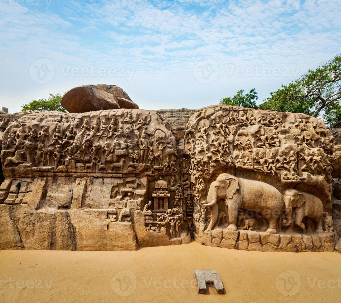 härkomst av gängen och arjunas bot, mahabalipuram, tamil foto