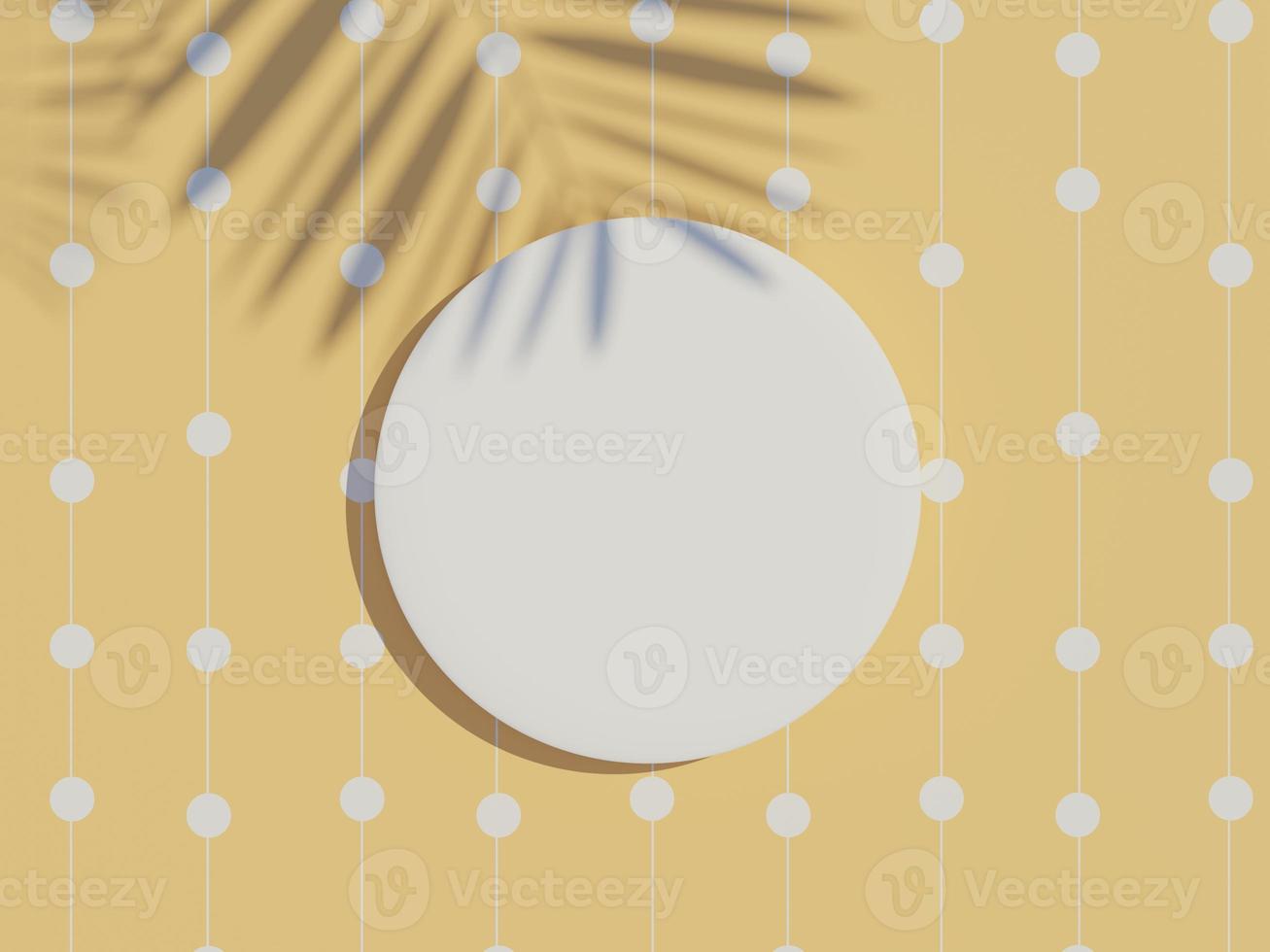 3D-rendering ovanifrån av vit tom cylinderram för mock-up och visa produkter med skuggor av palmblad och jordfärgad bakgrund. foto