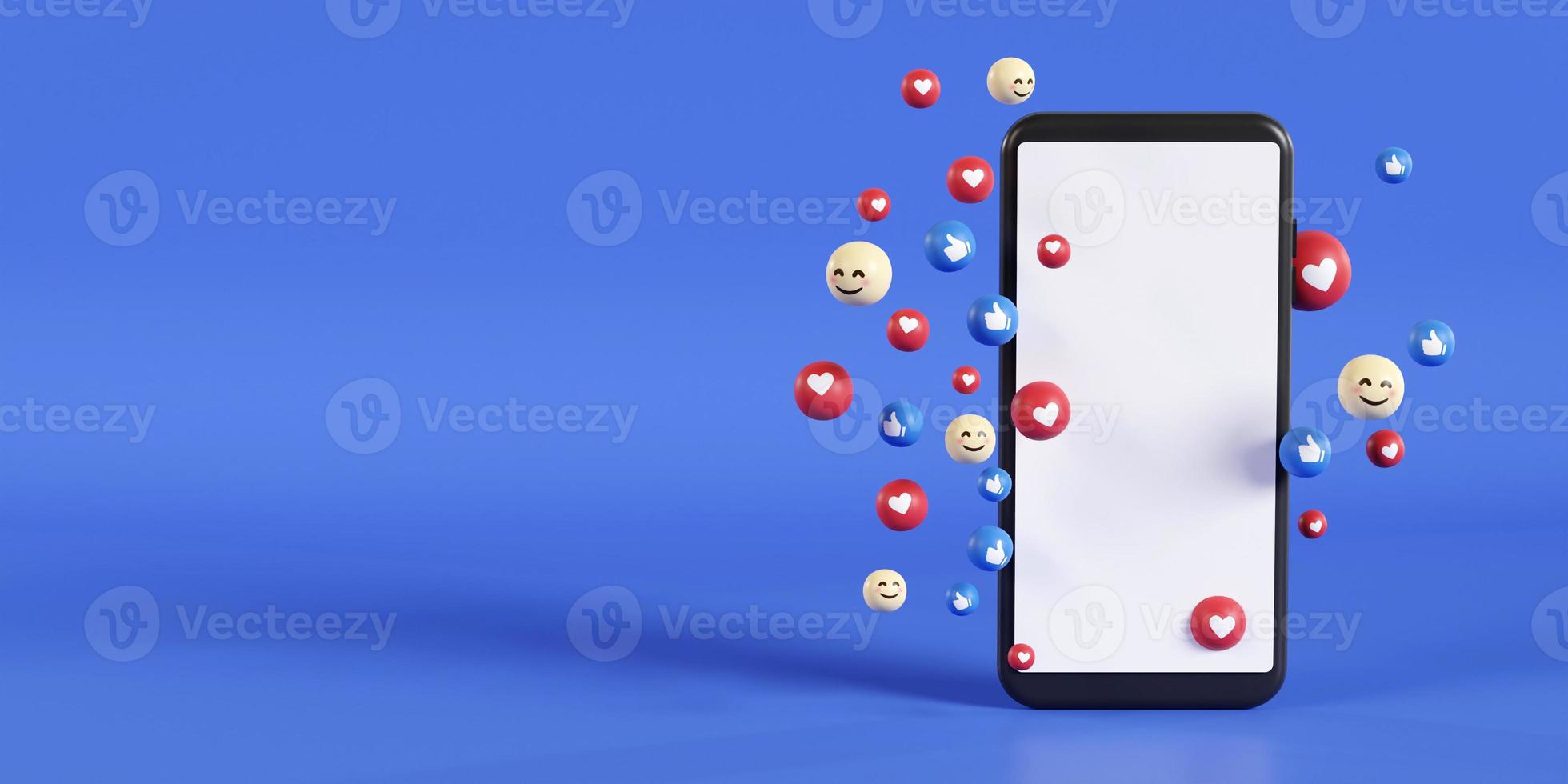 smartphone blank skärm kopia utrymme med sociala medier emoji koncept. 3d-rendering foto
