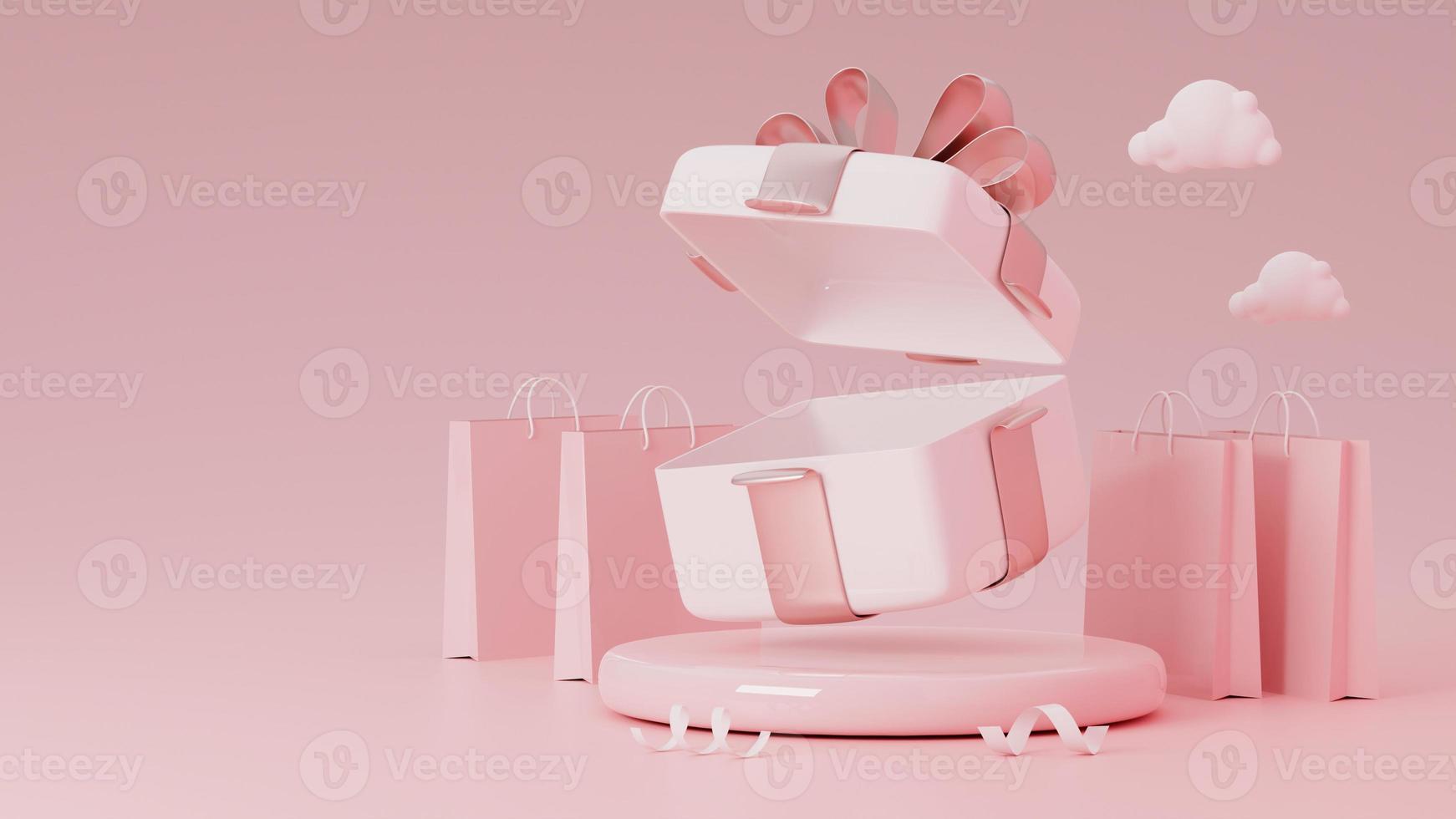 öppen fyrkantig tom presentförpackning på rosa glansigt podium med kopia utrymme. 3d-rendering foto