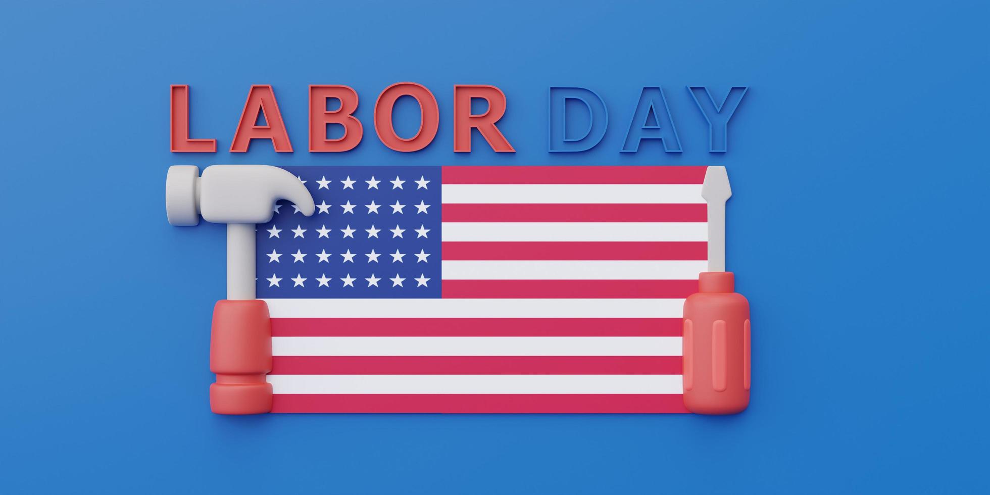 happy labor day usa koncept med amerikanska flaggan och konstruktionsverktyg på blå bakgrund, 3D-rendering foto