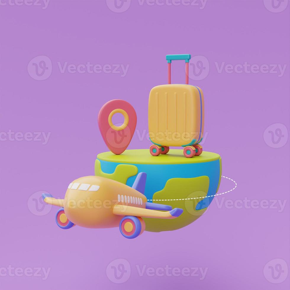 turism och reseplan för att resa koncept med gul resväska och flygplan på jordklotet, semestersemester, tid att resa, 3d-rendering foto