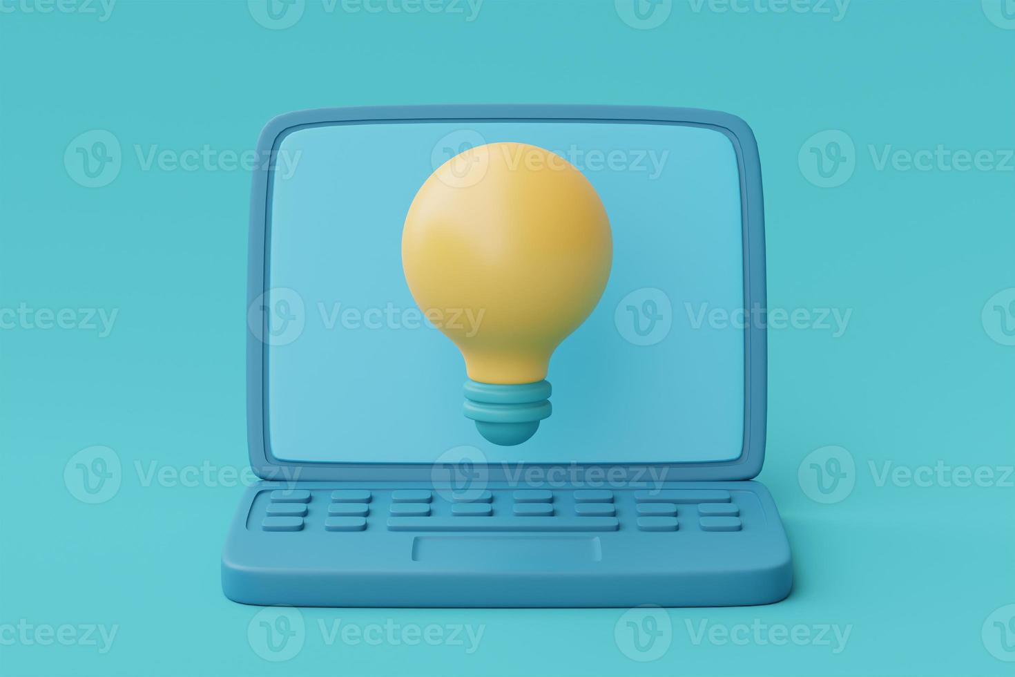 3D-rendering gul glödlampa flytande med dator bärbar dator på blå background.minimal stil, 3D-rendering. foto