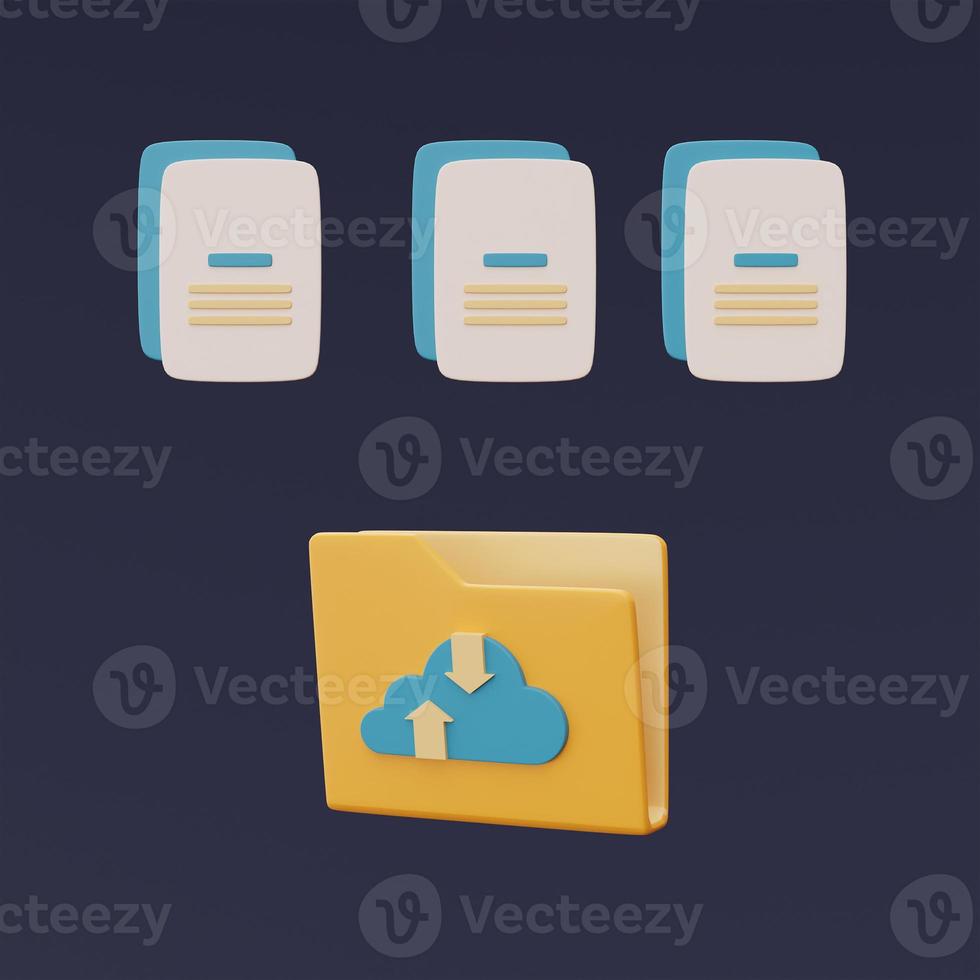 molnlagringsteknikkoncept, mappikon med blå molnsymbol och dokument, onlinedatabas, överföring av datainformation, minimal stil.3D-rendering. foto