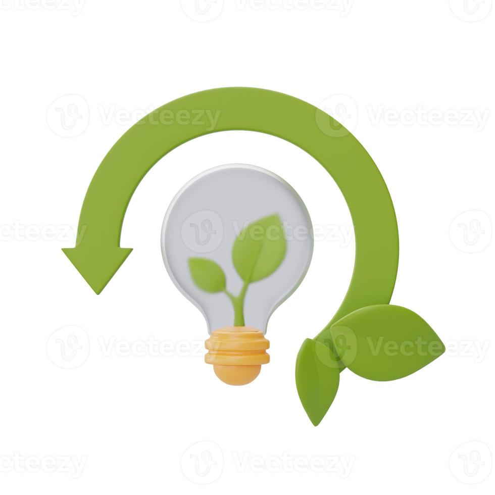 ung växt och glödlampa med pil, rädda planeten och energikonceptet, miljövänlig, 3d-rendering. foto