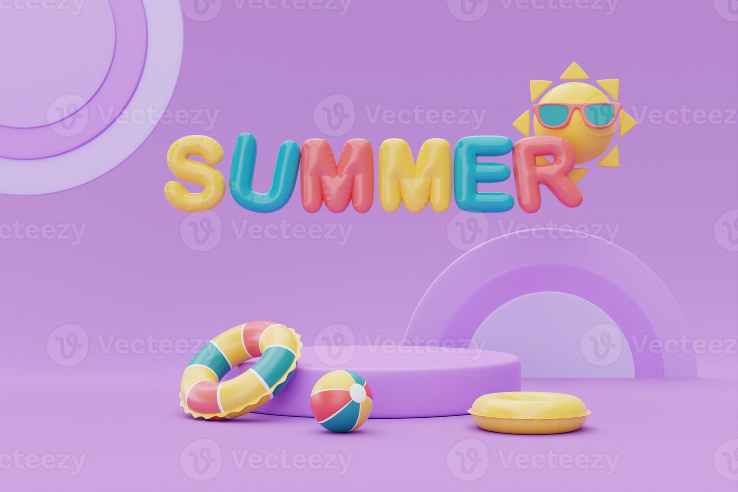 sommardisplay med färgglada sommarstrandelement på lila bakgrund, 3D-rendering. foto