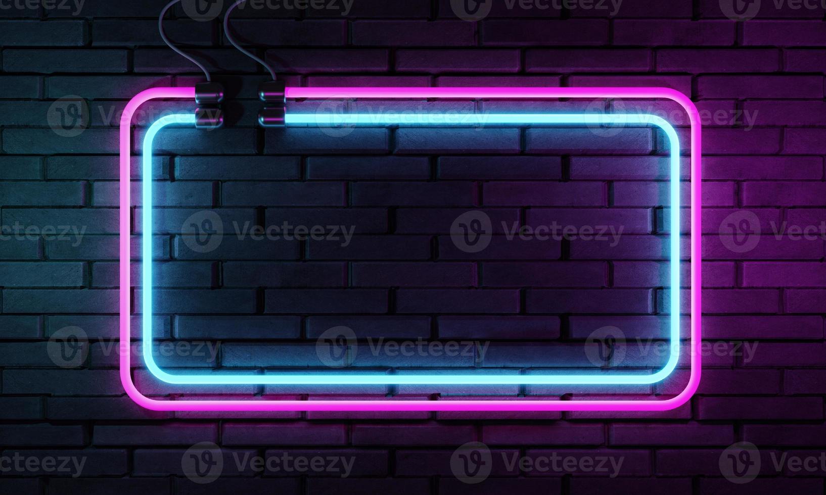 neonskylt banner med kopia utrymme på tegelvägg bakgrund. abstrakt konst och objekt koncept. 3d illustration rendering foto