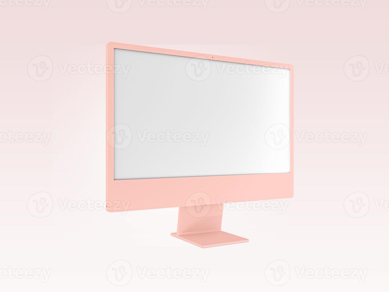 senaste och nya modellen stationär dator. 5k och 4k display 2022. tom datorskärm isolerad på rosa bakgrund för mockup. 3D-renderad illustration foto