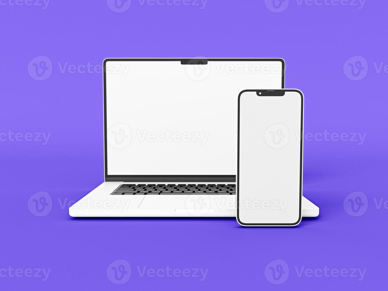 bärbar dator och telefon smartphone på vit bakgrund i minimal stil för mockup och responsiv webbplats. tom skärm bärbar dator, mobiltelefon 2022. 3D-renderad illustration foto