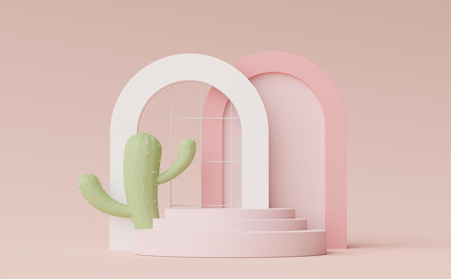 3D-rendering av abstrakt minimal displaypodium för att visa produkter, kosmetisk presentation och mock up med kaktusträd. showcase scen med pastell jordfärger och tropisk miljö bakgrund. foto