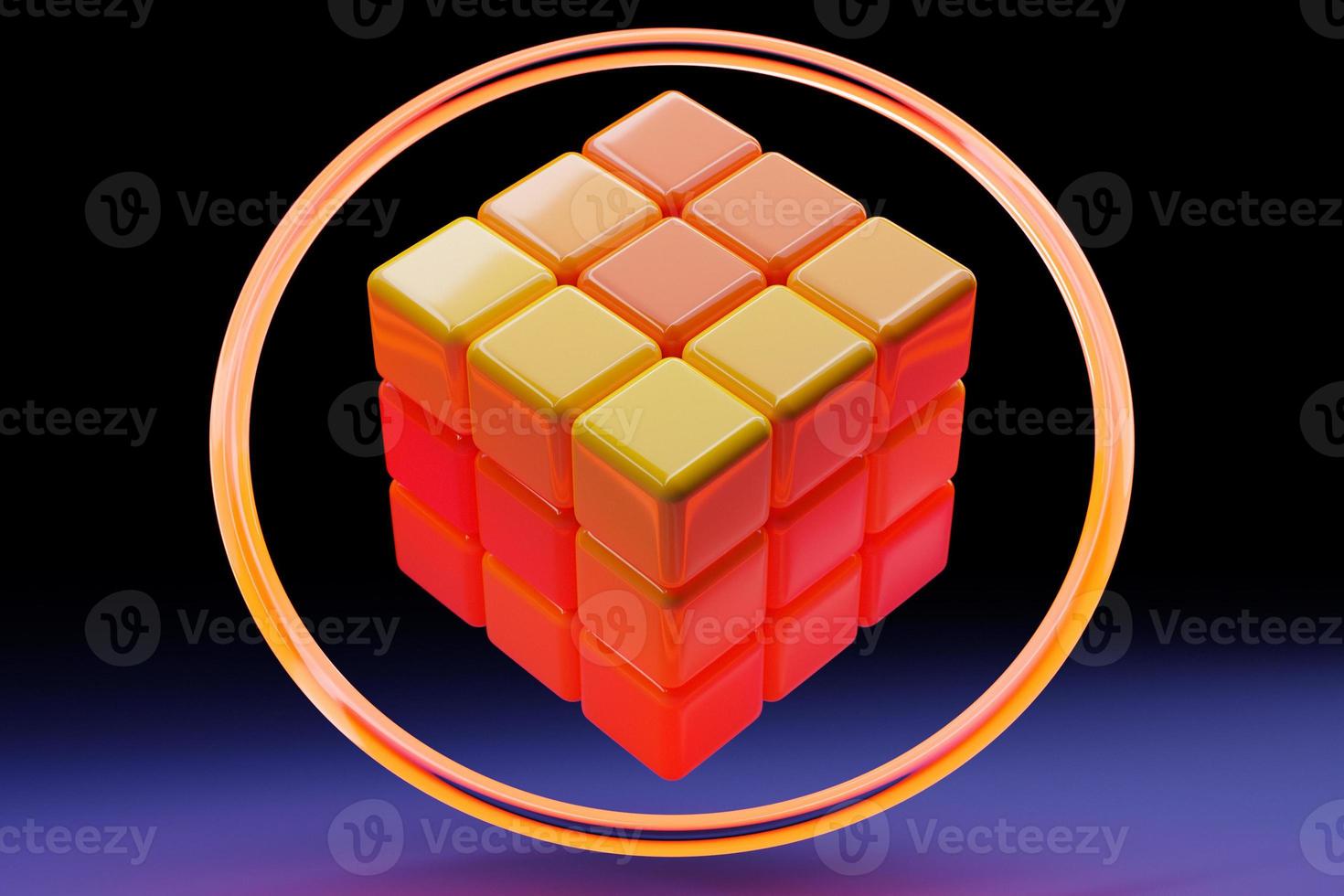 3D-illustration av en orange kub på en blå bakgrund under ett neonljus. foto