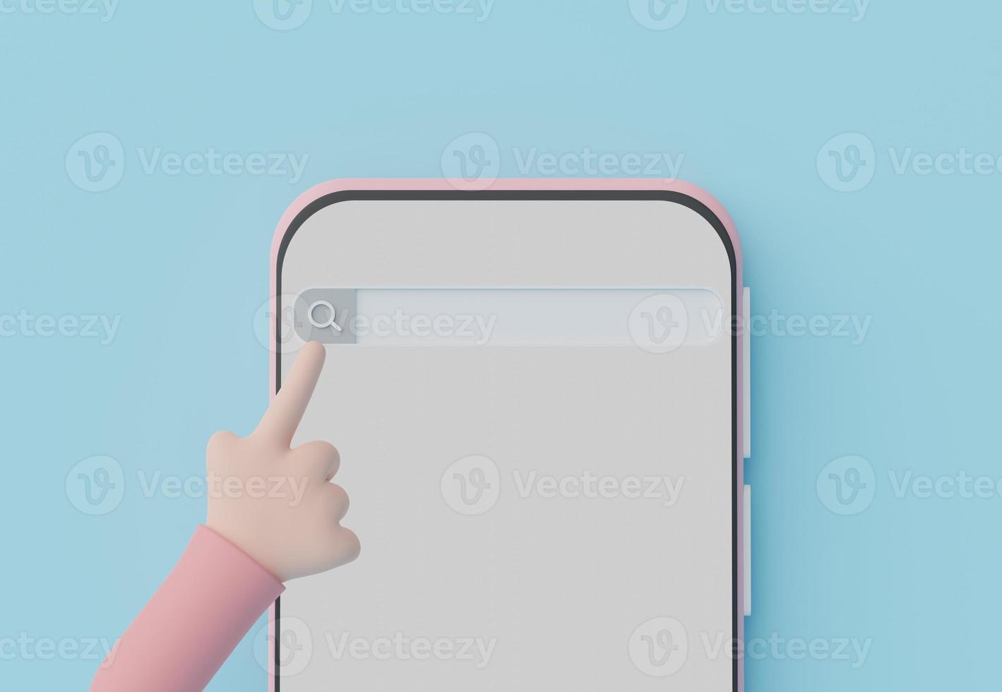3D-rendering av hand vidrör på minimal sökning menyrad eller tom banner förstoring på mobiltelefon med kopia utrymme på pastell jordfärger bakgrund. scen för mock up och presentation. foto