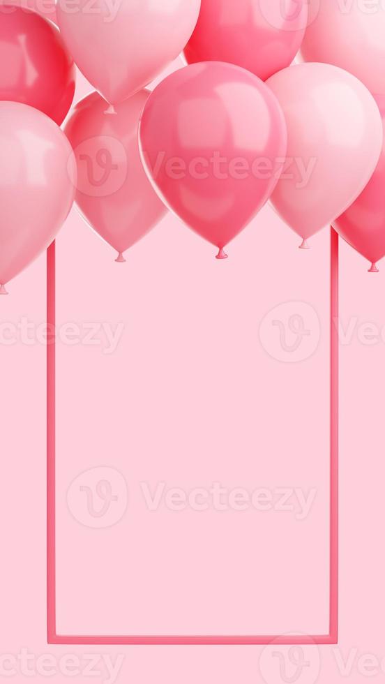 Grattis banner med ballonger och ram på rosa bakgrund - 3d rendering social media story. foto