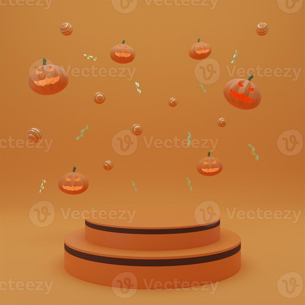 glad halloween, koncept produktpresentation podium med pumpa spöke orange ton bakgrund. 3d-rendering foto