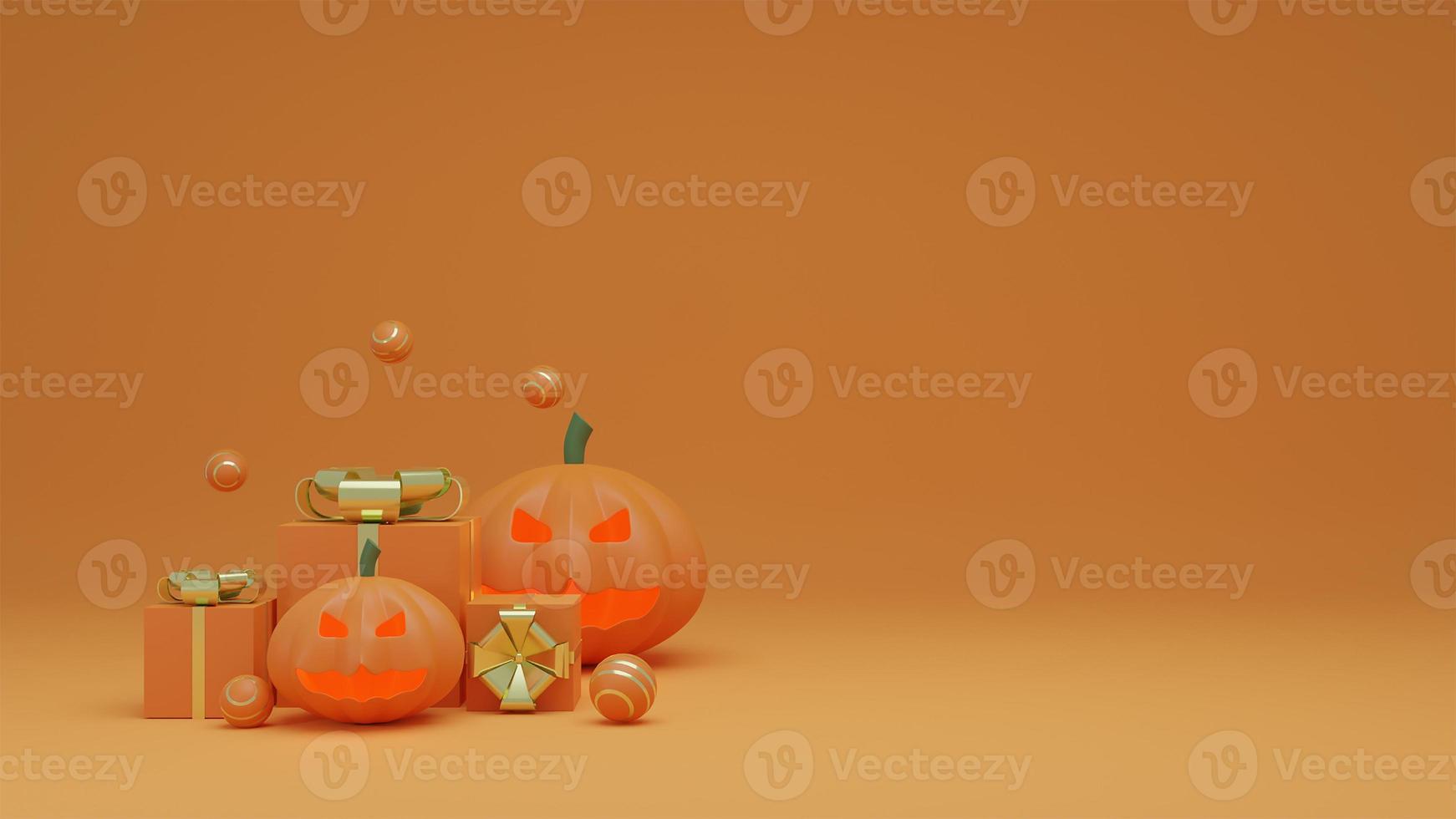 glad halloween med pumpa spöke och presentförpackning orange ton bakgrund. 3d-rendering foto