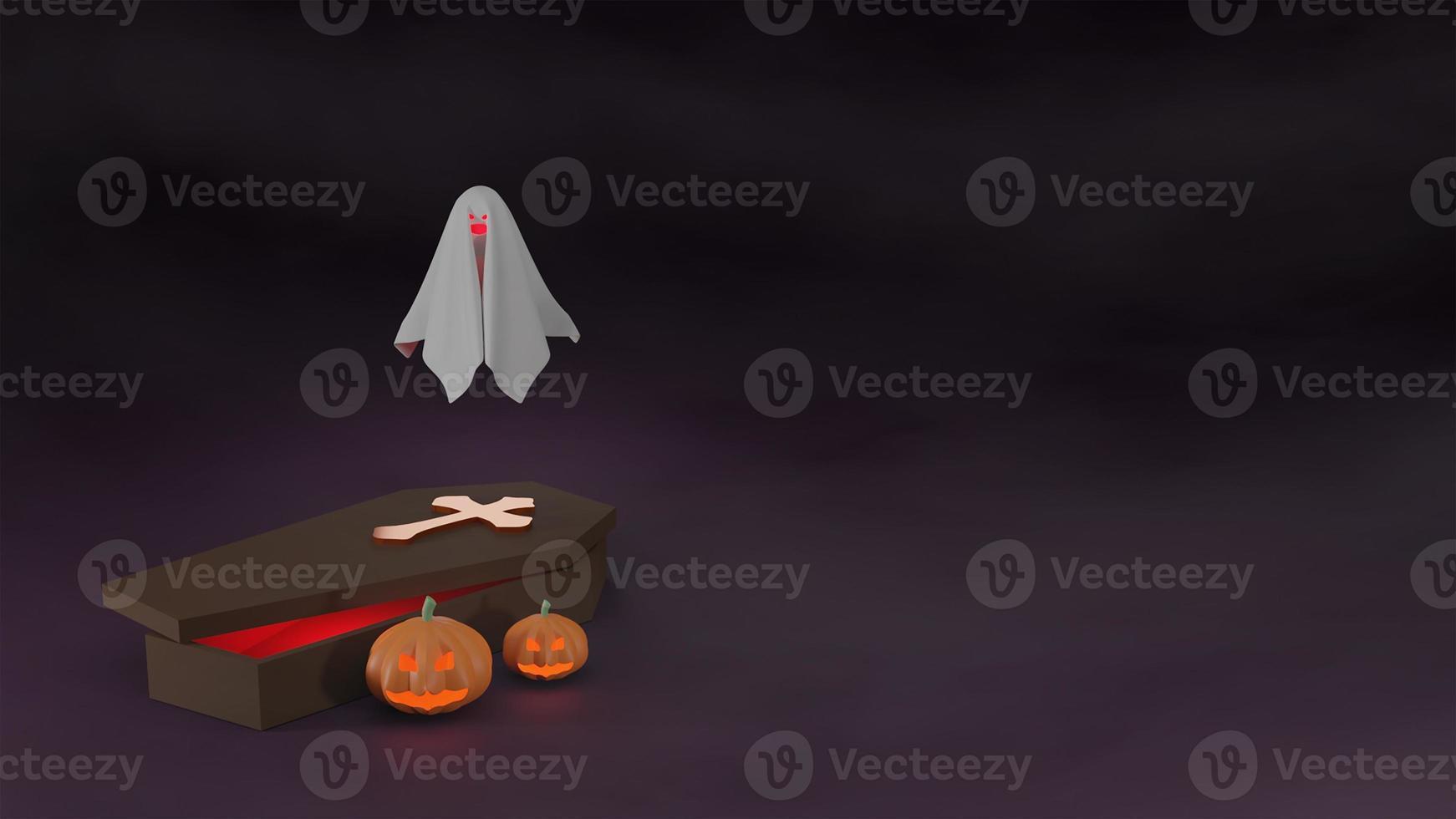 glad halloween fest affisch banner pumpa spöke och kista, spöke med dimma. 3d-rendering foto