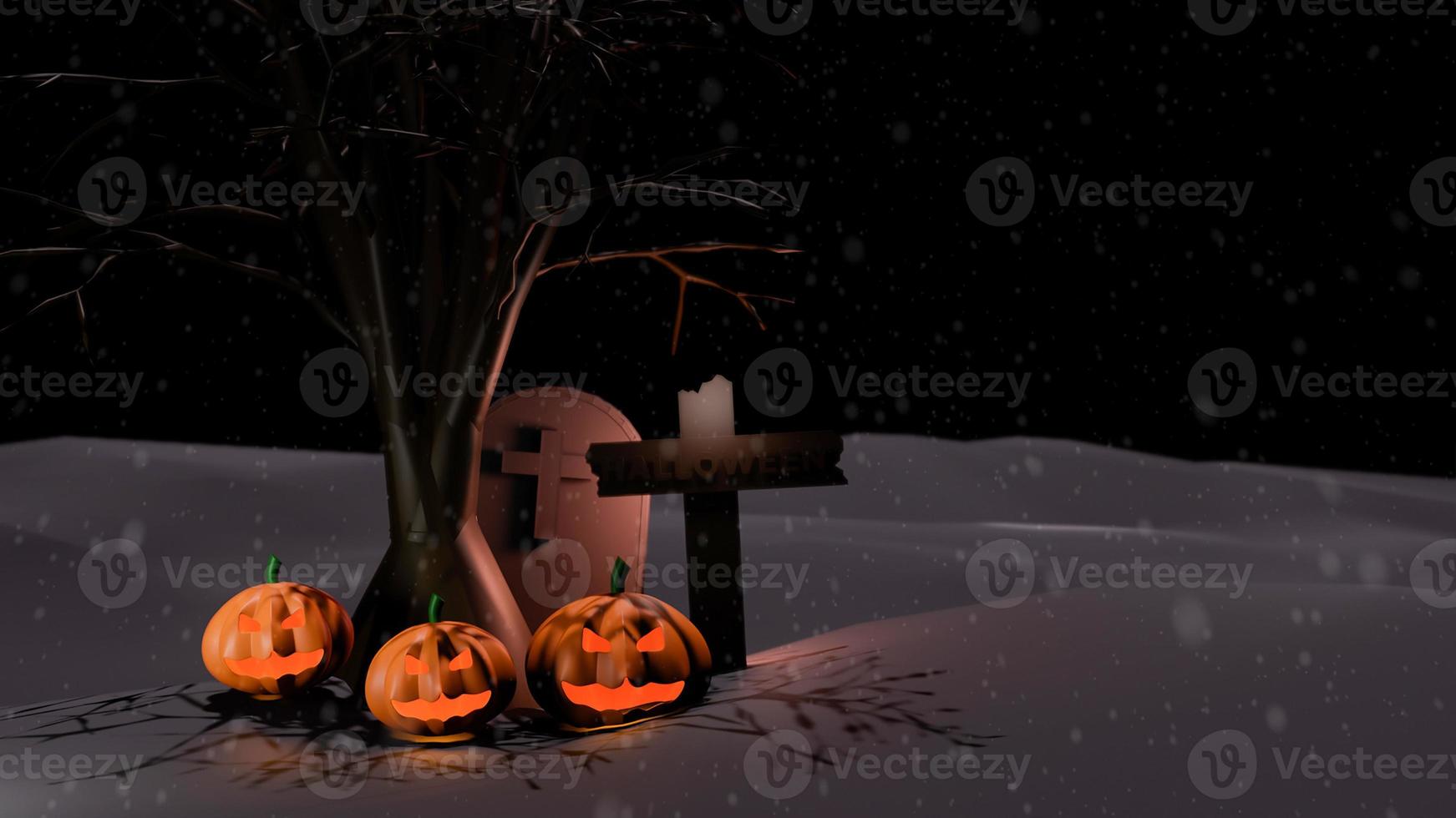 konceptet glad halloween pumpa spöke med krucifix och grav, i natt träd bakgrund. 3d-rendering foto