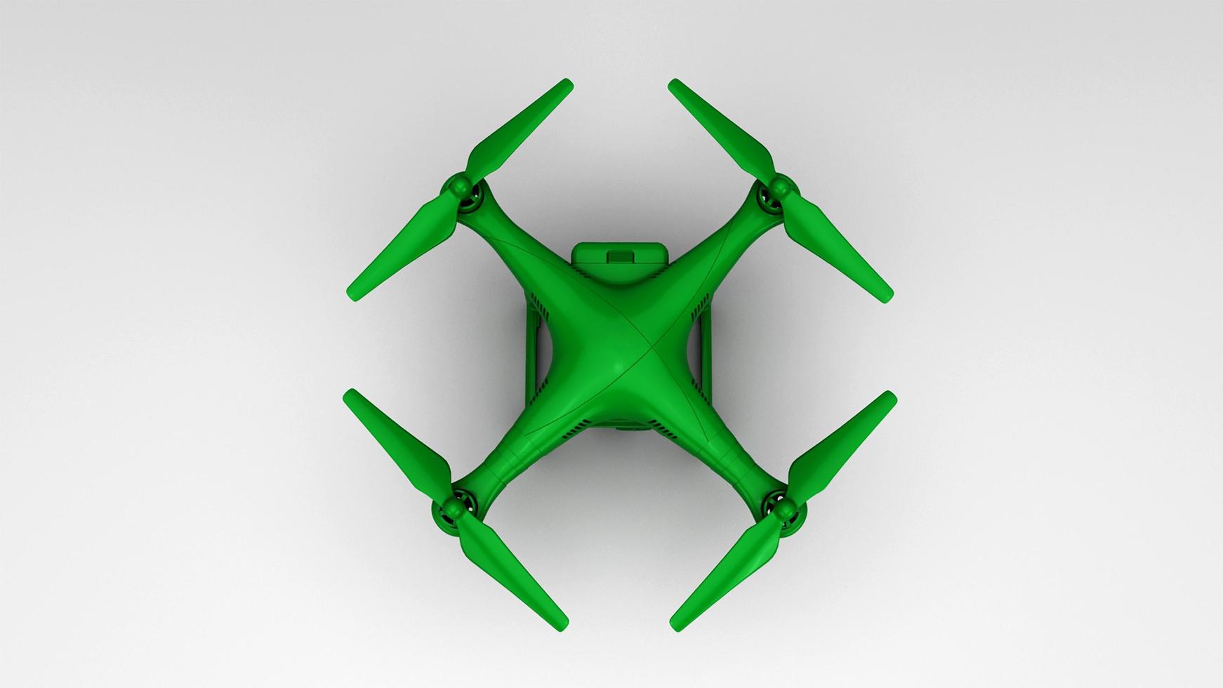 3D-rendering modern grön färg fjärrkontroll luft drönare flyger med actionkamera på vit bakgrund foto