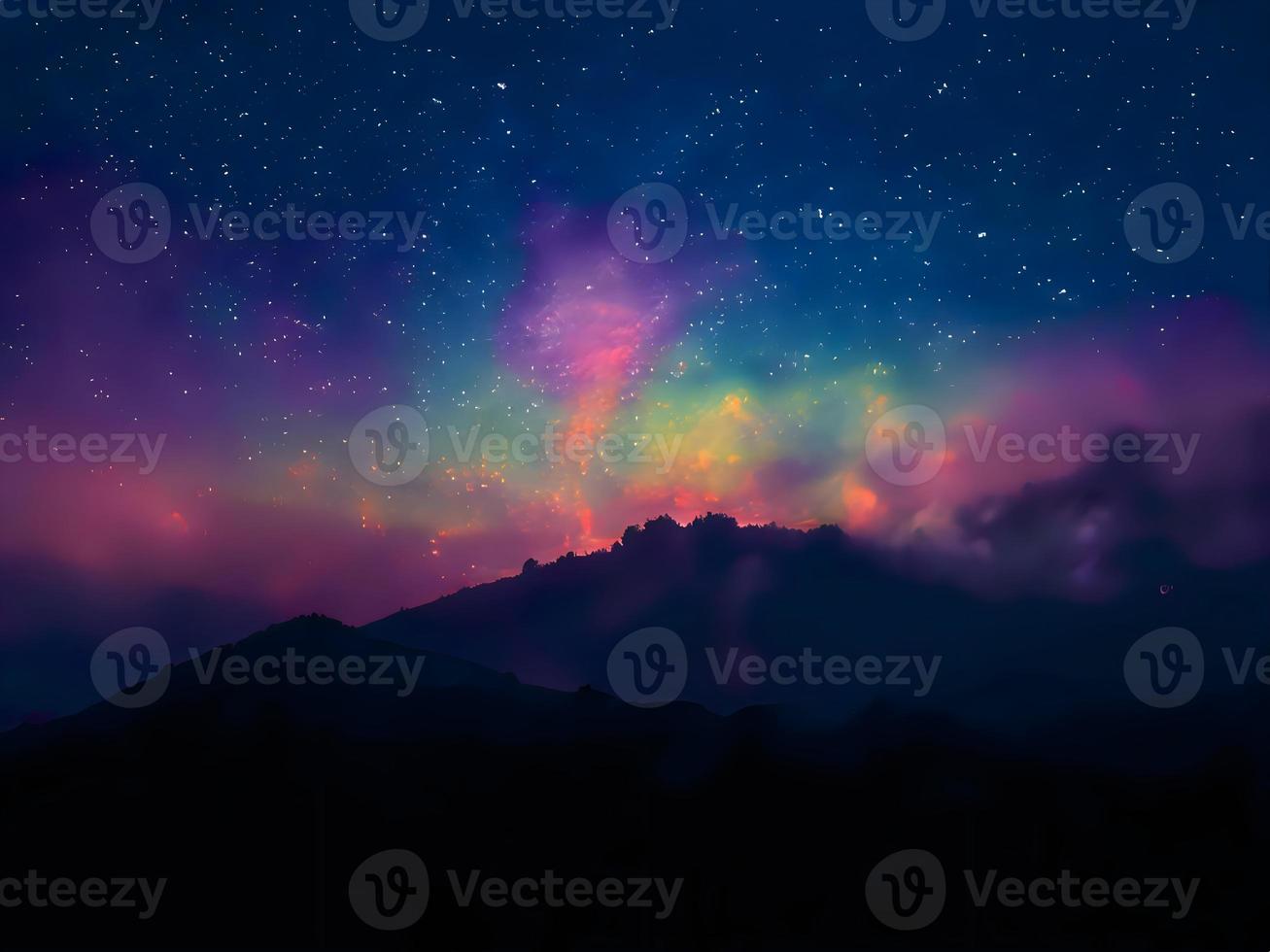 Vintergatan och rosa ljus vid bergen. natt färgglada landskap. stjärnhimmel med kullar. vackert universum. rymdbakgrund med galax. resor bakgrund foto