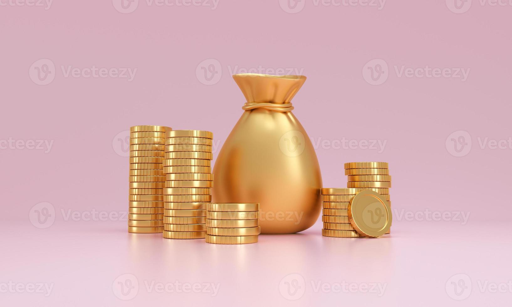 hög med guldmynt och en säck pengar på en rosa bakgrund. överflöd koncept. foto