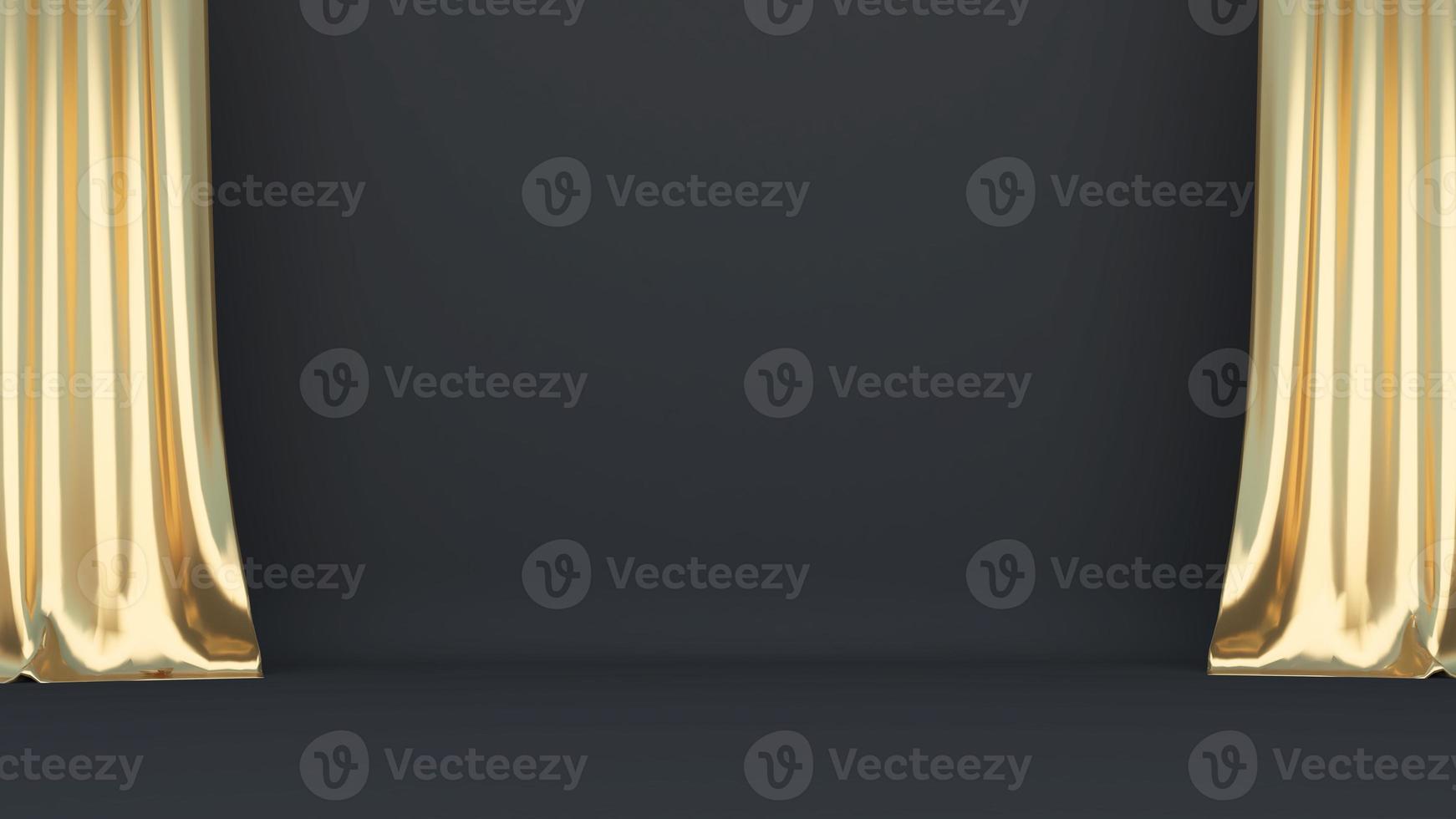 tomma svarta väggar med gyllene gardiner och svarta golv., en mockup för att infoga text eller bilder., 3D-rendering foto