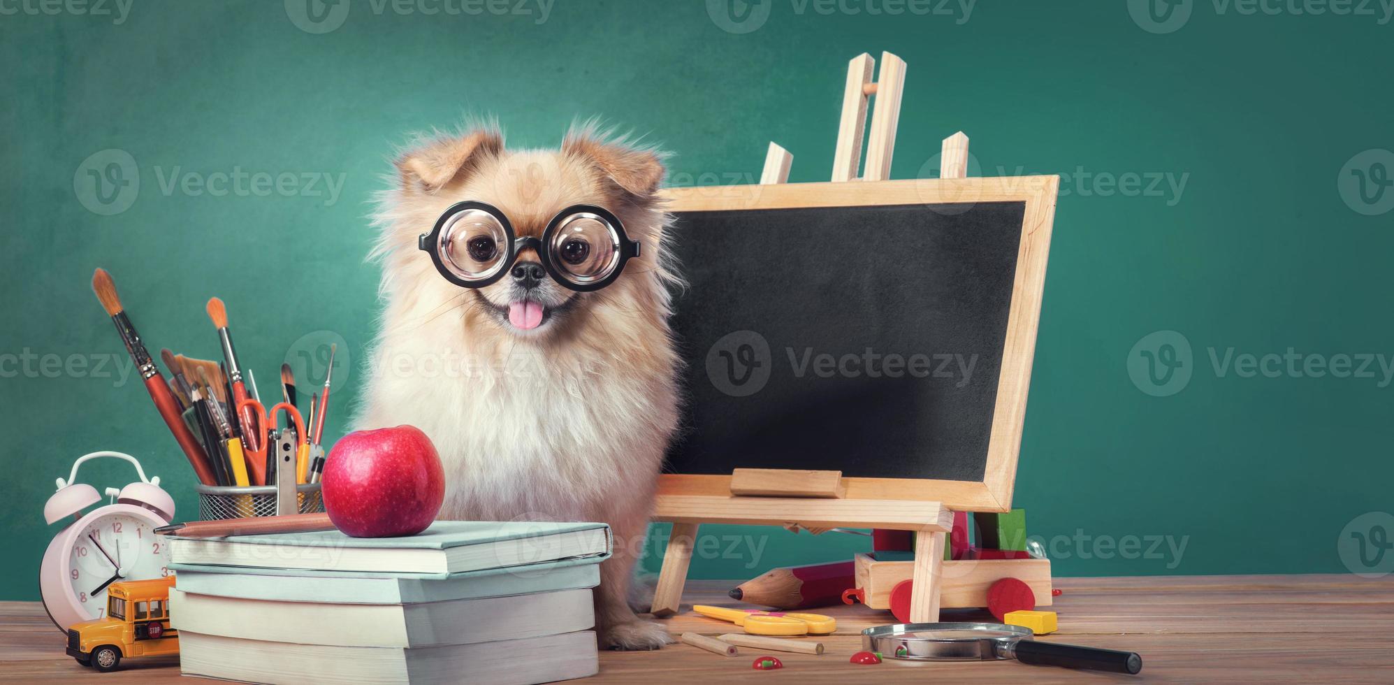 utbildning, tillbaka till skolan koncept med söta valpar pomeranian blandras pekingese hund foto