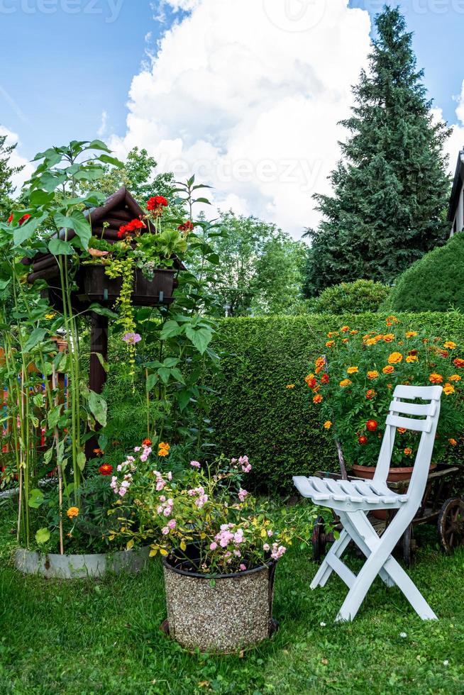 en dekorativ trädgård på sommaren med en stol foto