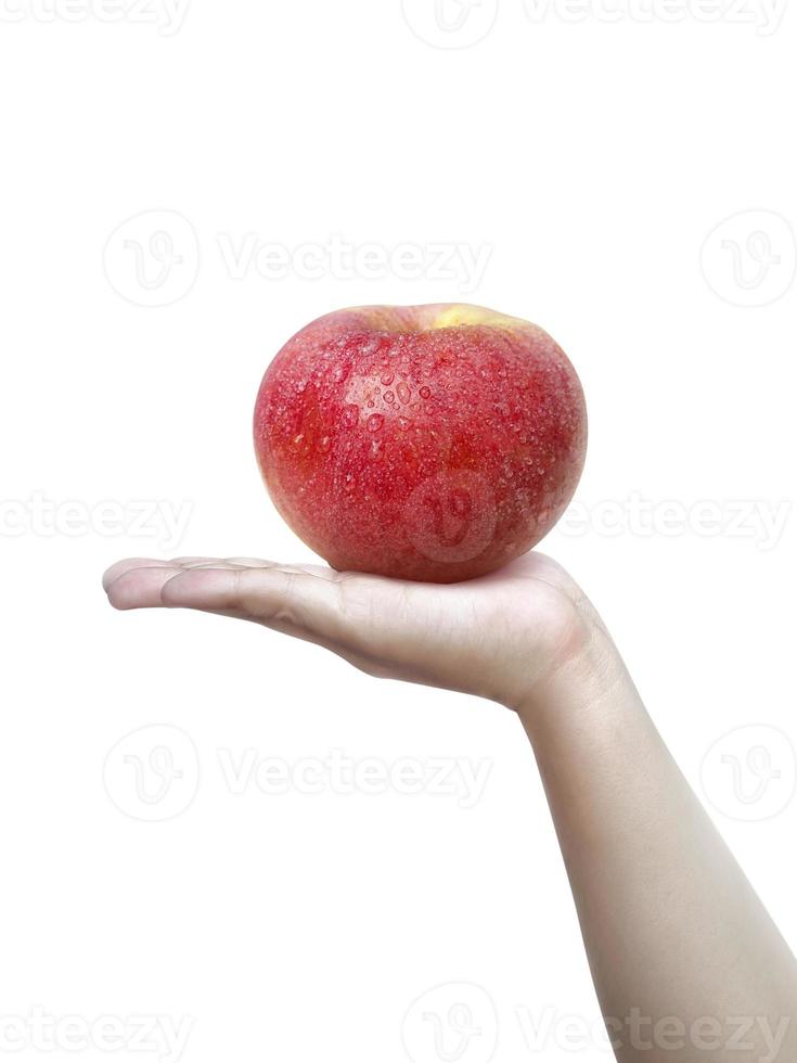 mänsklig hand som håller ett äpple isolerad på en vit bakgrund foto