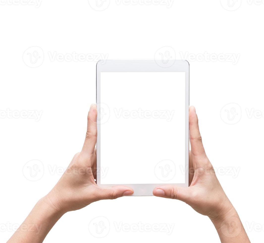 kvinnliga händer som håller en surfplatta för datoradget på vit foto