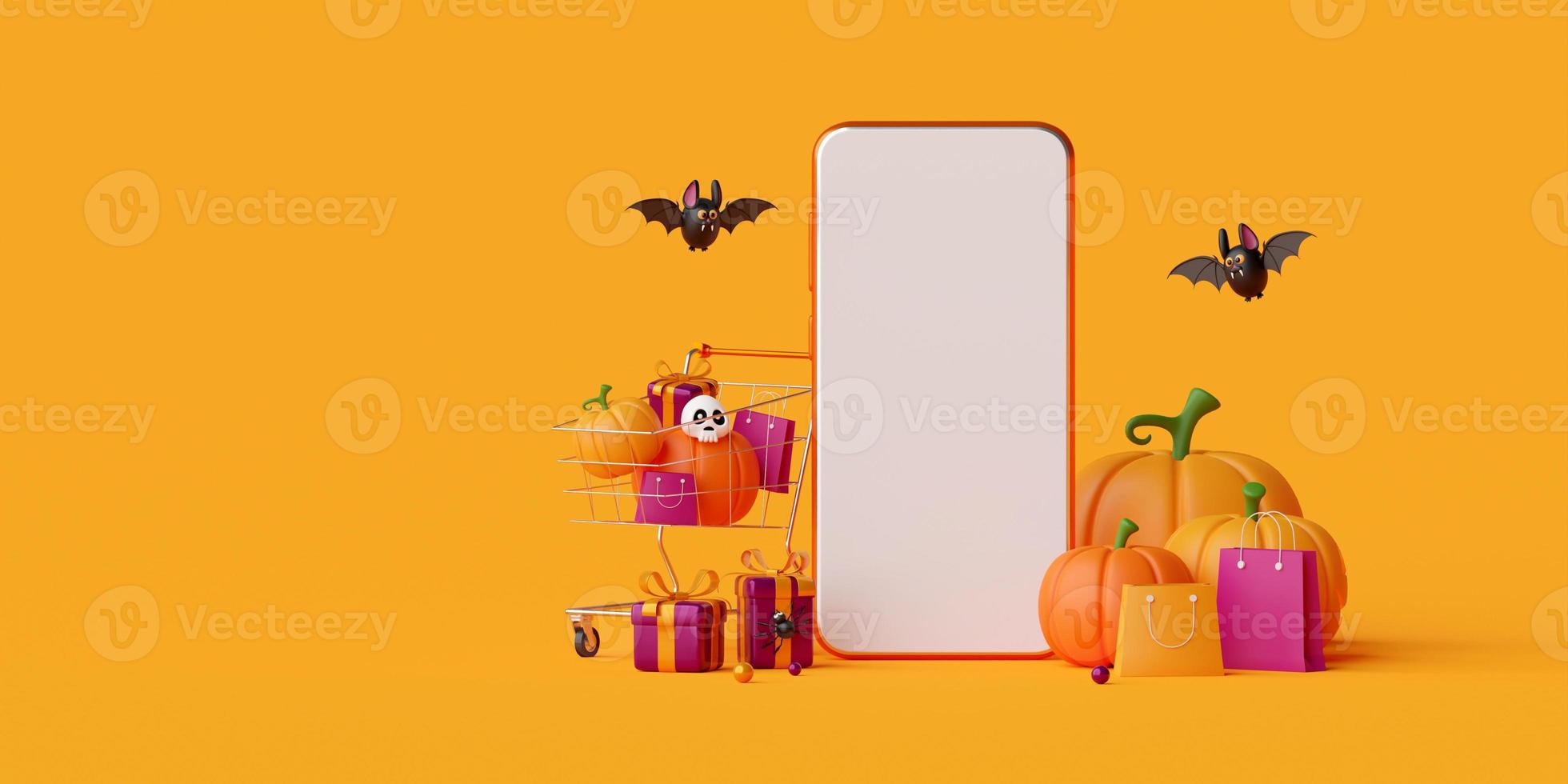 3D-illustration av glad halloween shopping online på mobilt koncept foto