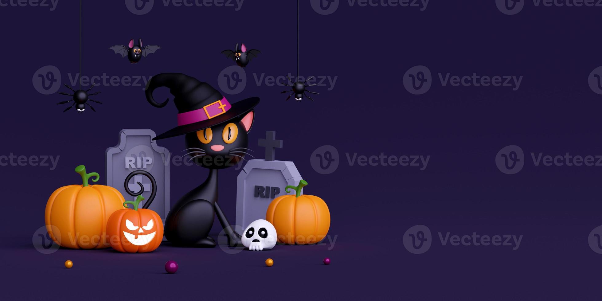 3D-illustration av glad halloween day-banner, svart katt med grav, jack o lantern pumpor, spindel och söt fladdermus foto