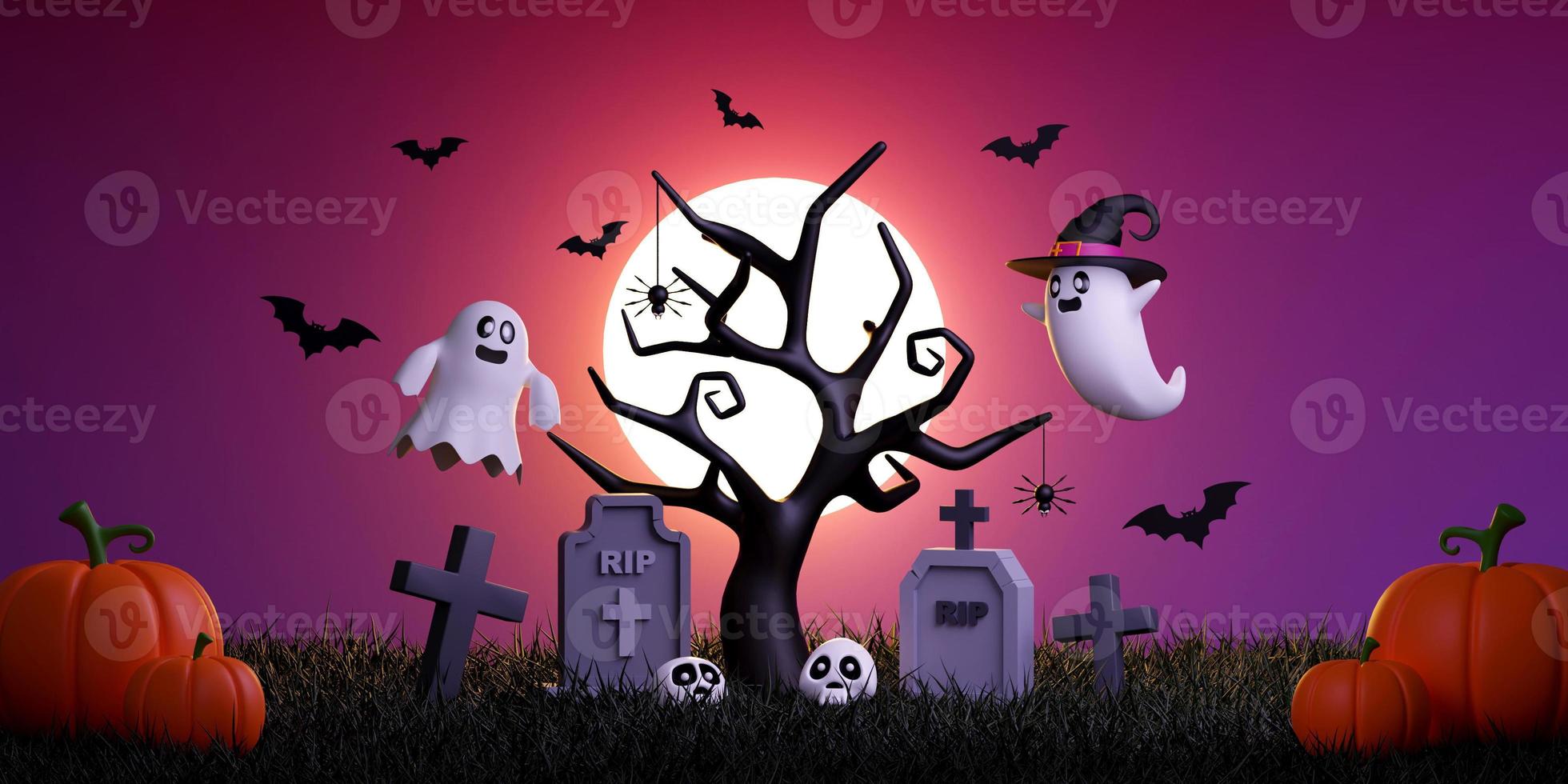söt spöke på kyrkogården på en fullmåne natt, glad halloween dag 3d illustration foto