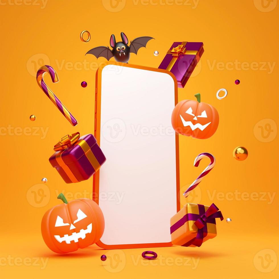 glad halloween tema av smartphone med halloween ornament, 3d illustration foto