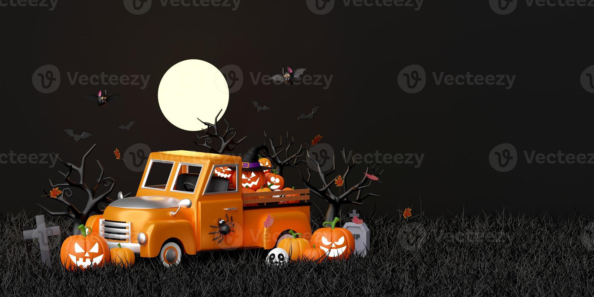 3D-illustration av glad halloween-banner med jack o-lantern pumpor och halloween lastbil på kyrkogården foto