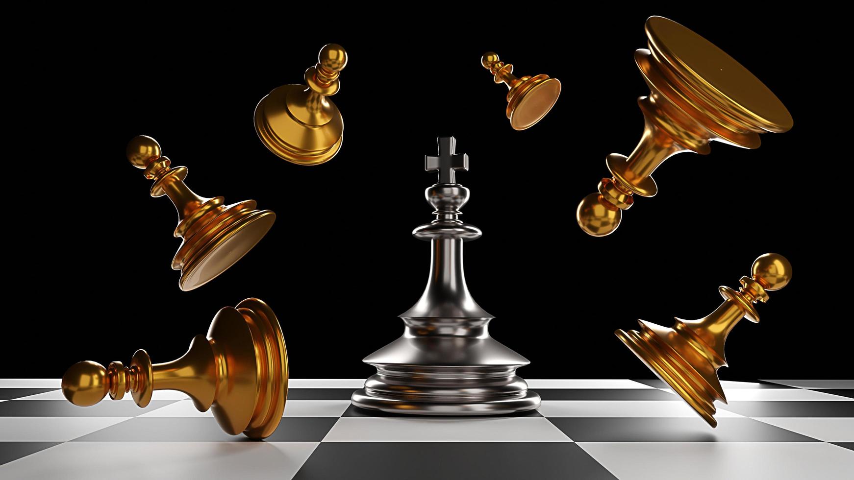 kungen i strid schackspel stå på schackbräde med svart isolerad bakgrund. konceptverksamhet foto