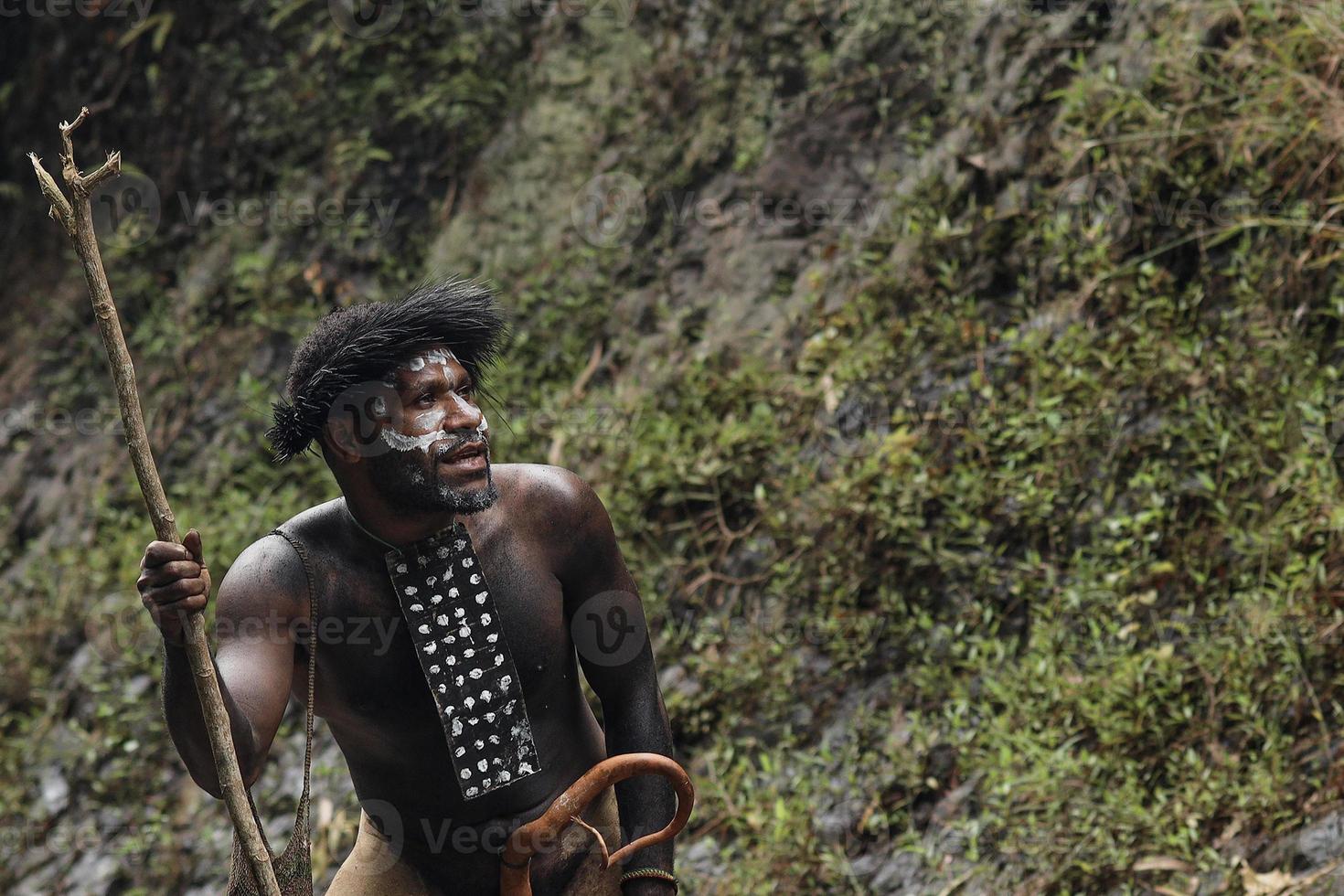 dani stamman från Papua Indonesien i traditionell kostym och koteka ser sig omkring för att få maten. foto