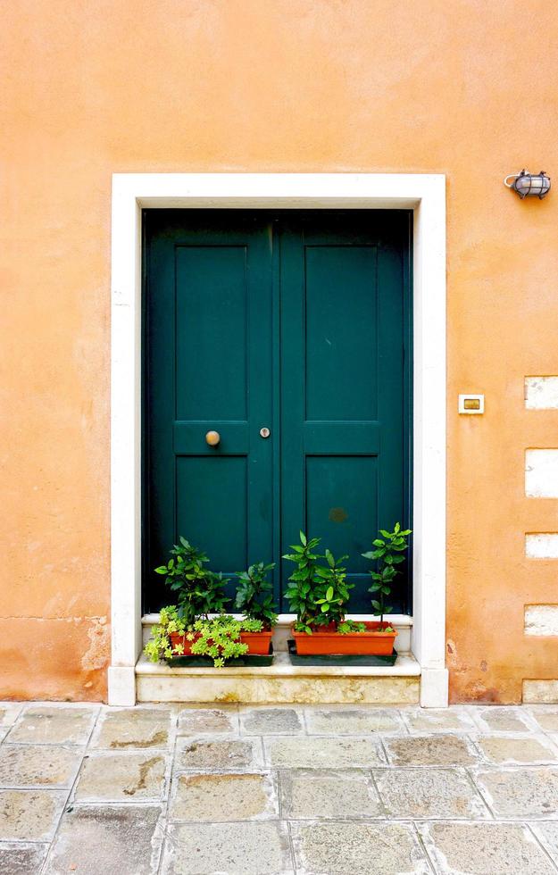 entré grön dörr av gamla byggnad hus foto