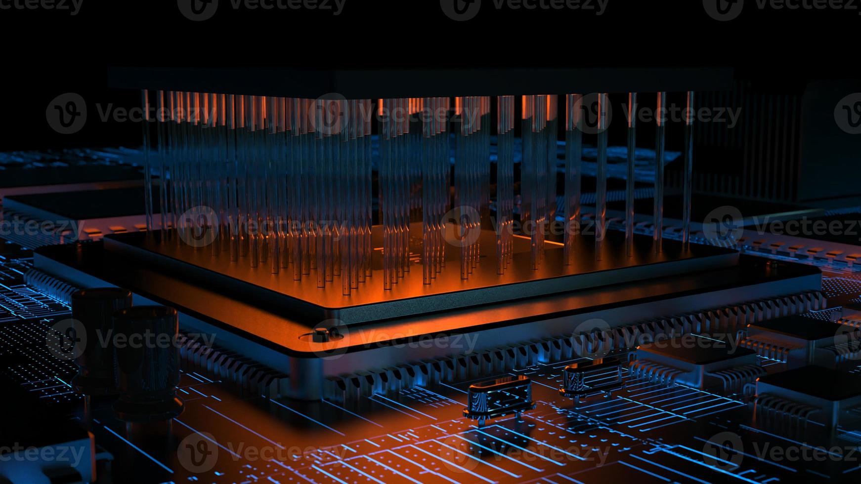 processorchip på ett kretskort i rött bakgrundsbelysning. 3D-illustration på ämnet teknik och kraften i artificiell intelligens. foto