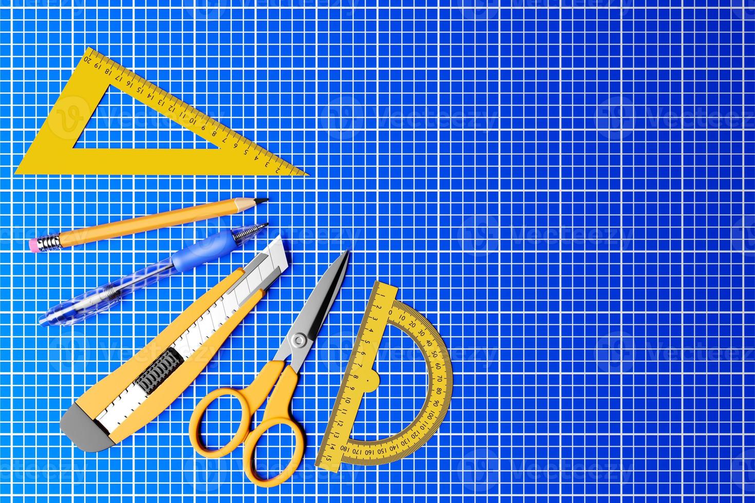 3D illustration gul skärare, sax, penna, penna och ruller på blå bakgrund. 3D-rendering och illustration av reparations- och installationsverktyg foto