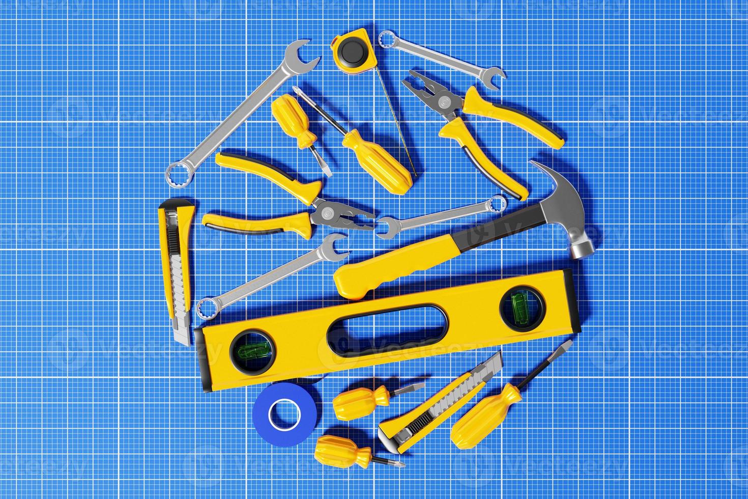 3D-illustration av ett handverktyg för reparation och konstruktionsnivå, skruvmejsel, hammare, tång, måttband. uppsättning verktyg foto