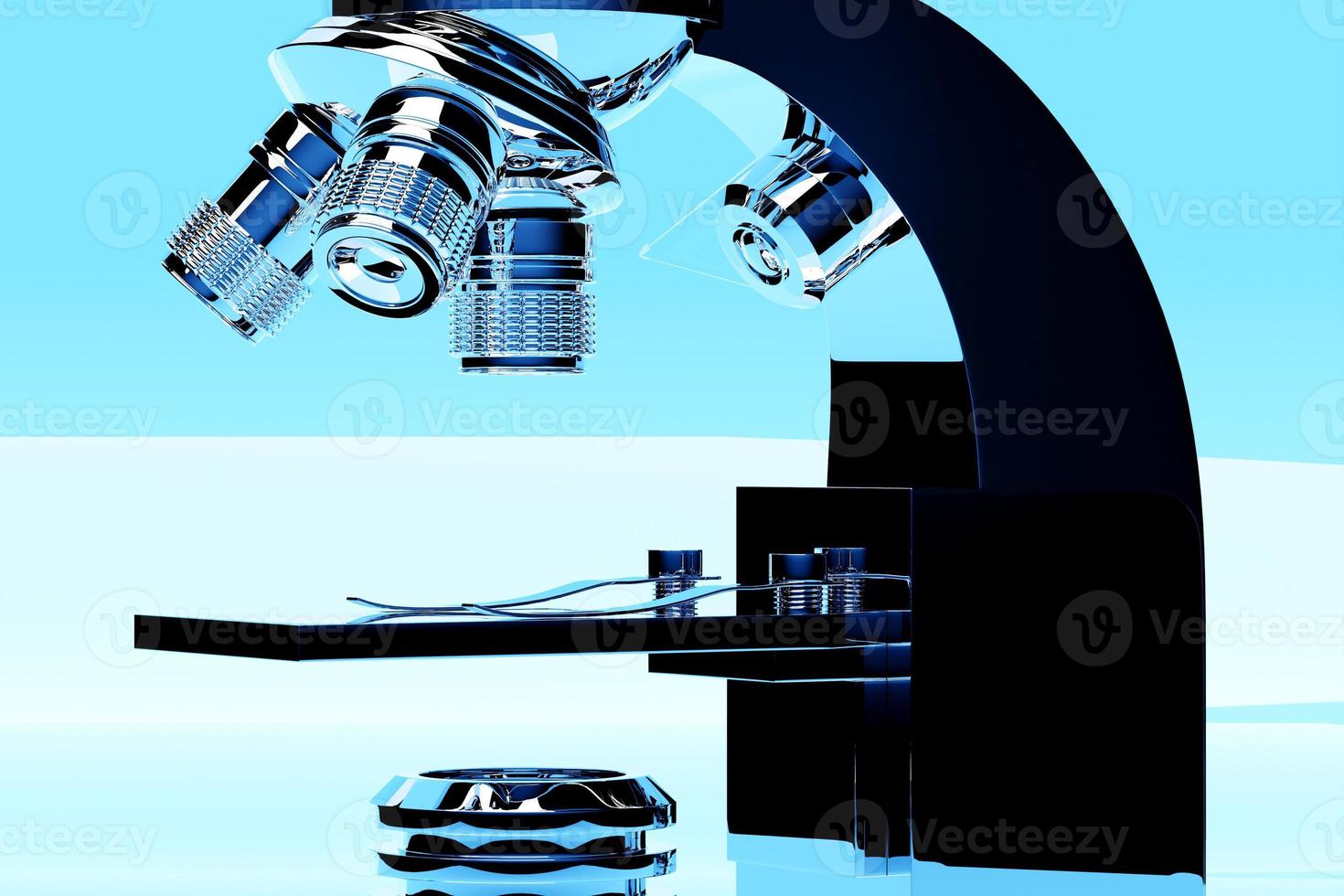 3d illustration realistiska laboratoriemikroskop ingen blå bakgrund. 3D-kemi, farmaceutiskt instrument, mikrobiologiskt förstoringsinstrument. foto